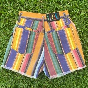 Rare Vintage Steel Striped High Waisted Jean Shorts Frayed Edge Hem